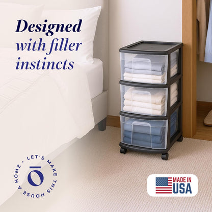 HOMZ Drawer Tower, 3-Tier Rolling Storage Cart with Removable Wheels, White Frame – Plastic Organizer with Clear Bin Drawers for Bedroom, Bathroom, Home Office, and Dorm Room