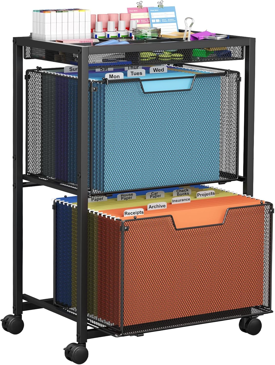 Rolling File Cart with 3 Storage Drawers, Under Desk Filing Cabinet with DIY Divider, Hanging File Folder Organizer on Wheels, Fits A4/Letter Size, Metal Utility Cart for Home Office, Black