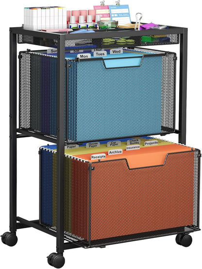 Rolling File Cart with 3 Storage Drawers, Under Desk Filing Cabinet with DIY Divider, Hanging File Folder Organizer on Wheels, Fits A4/Letter Size, Metal Utility Cart for Home Office, Black