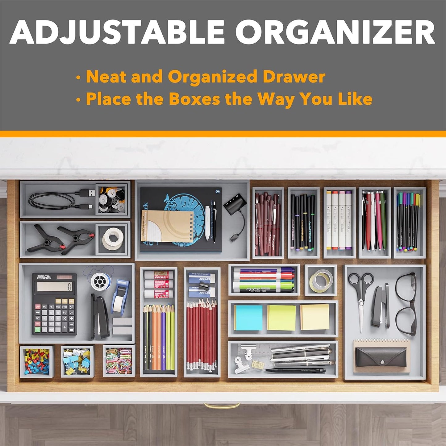 SpaceAid 21-Piece Bamboo Drawer Organizer Storage Boxes Set, Wood Tray Junk Drawer Organizers Multi-Use Divider Bins for Kitchen, Bathroom, Office Desk and Makeup Organization (21 Pack, Natural)