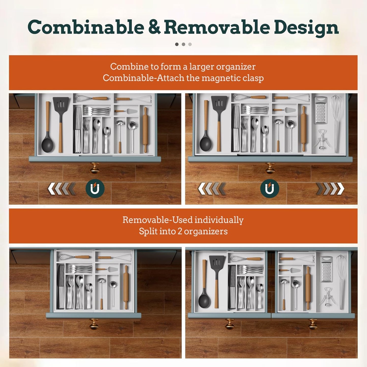 Silverware Organizer Large, Magnetic Connected Expandable 13 Slots Silverware Drawer Organizer From 21 to 37.4 Inches, Adjustable Flatware and Cutlery Holder, Bamboo Utensil Tray for Kitchen Natural