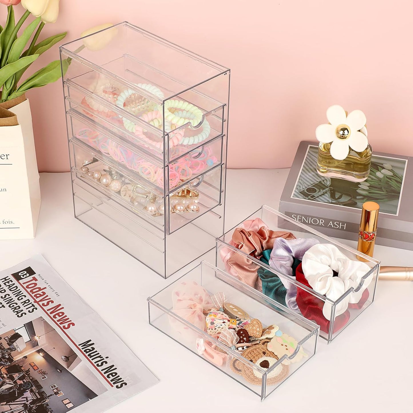 Hipiwe Plastic Drawer Organizer Clear Desktop Drawers Box with 6 Pull Out Drawer Compact Storage Box for Cabinet Vanity Bathroom Bedroom Pantry Shelf Office Closet Organization