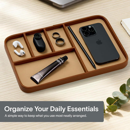 Nordik Leather Valet Tray - Sand Brown - 9.5 x 7.9 Inch Medium Vegan Leather Tray - Stylish Nightstand Organizer for Men - Modern Bedside Caddy - EDC Catchall for Key Watch Wallet Jewellery