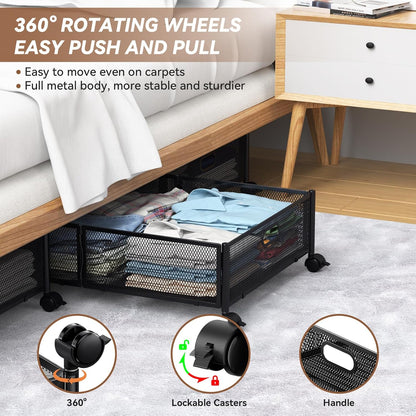 PHINOX Under Bed Storage Containers with Wheels, Under Bed Shoe Storage Organizer Drawer, Tool-free Assembly Metal Storage Containers for Bedroom Clothes Shoes Blankets -2PCK