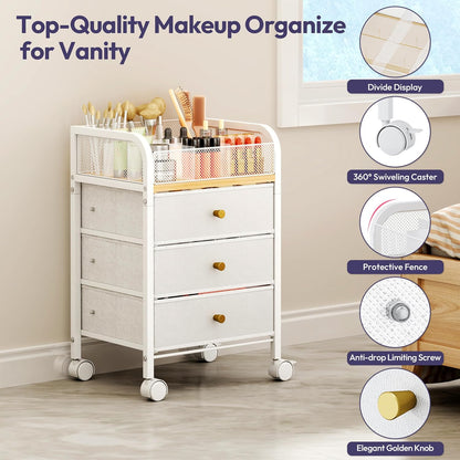 SWTYMIKI Rolling Makeup Organizer Cart - Under Desk Vanity Makeup Storage with 3 Non-woven Drawers, Nail Cart Organizer Cosmetic Display Cases Cabinet for Skin Care Perfume Nail Polish Brush Hair Tool