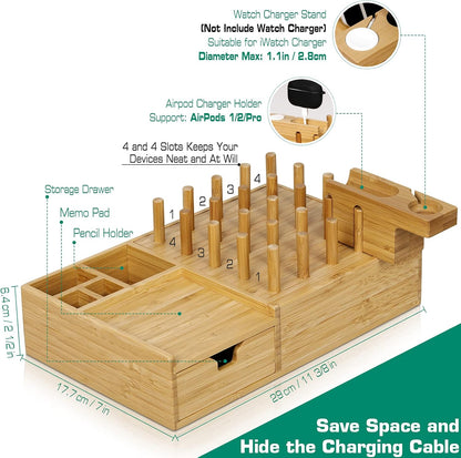 Bamboo Charging Station for Multiple Devices - Darfoo Wood Charging Dock Organizer with Drawer, 7 USB Charging Ports Compatible with Cell Phones, Tablet, Smart Watch & Earbud