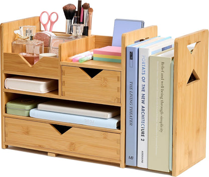 Pandorama Bamboo Desk Organizer Large - A4 Drawers & Adjustable File Holder, Fully Assembled Wood Desktop Storage for Kitchen, Bedroom, Bathroom, Study Room