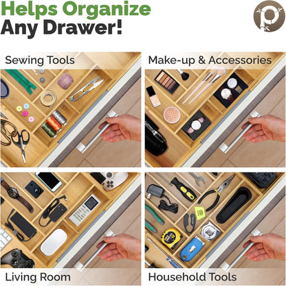 Pristine Bamboo Expandable Drawer Organizers for Kitchen - Extra Deep Non-Slip 17” x 14.6” (expands up to 25 inches) - Dark Wooden Silverware Divider (10 Compartments) – Organize Cooking Utensils