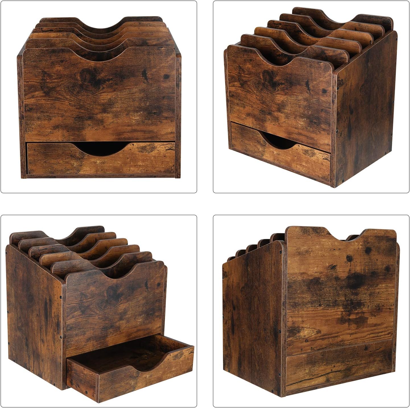 PAG Wood Desktop File Holder Organizer Mail Sorter with Drawer, for File Folders, Mails, Envelopes, Mailing Supplies or Magazines, 6 Compartments, Antique Brown