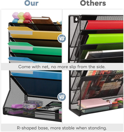 Jakyitvi File Organizer Wall Mounted, 4 Tiers Durable Adjustable Metal Desk Organizer, Desktop Hanging File Holder with 4 Pen Slots Stable, 4 Pull-Out Divider for File, Mail, Black, Patent Pending