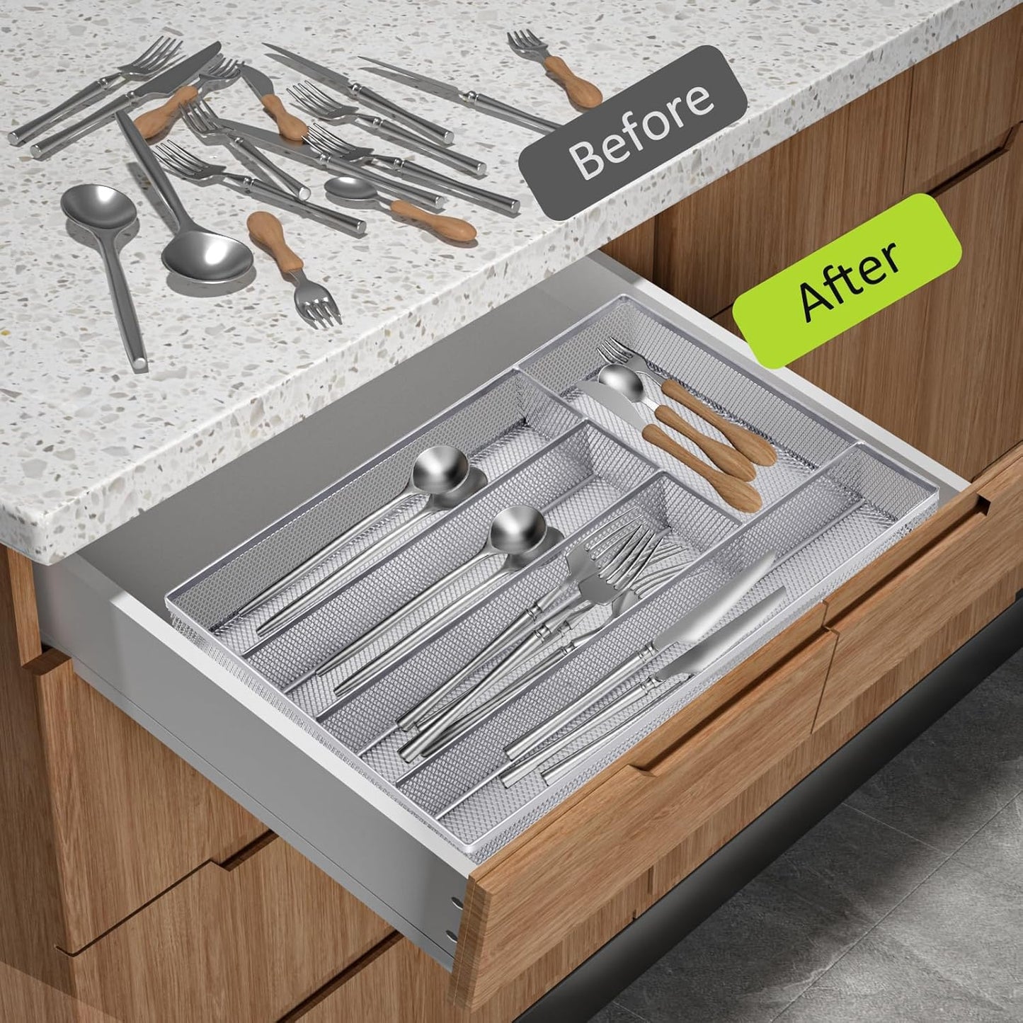 Neudeco Drawer Organizer Set 6 Pack - 5-Compartment Silverware Organizer Tray + 5 Utensil Trays, Kitchen Drawer Organizer for Flatware, Cutlery, Office Supplies, Black Mesh, Non-Slip.