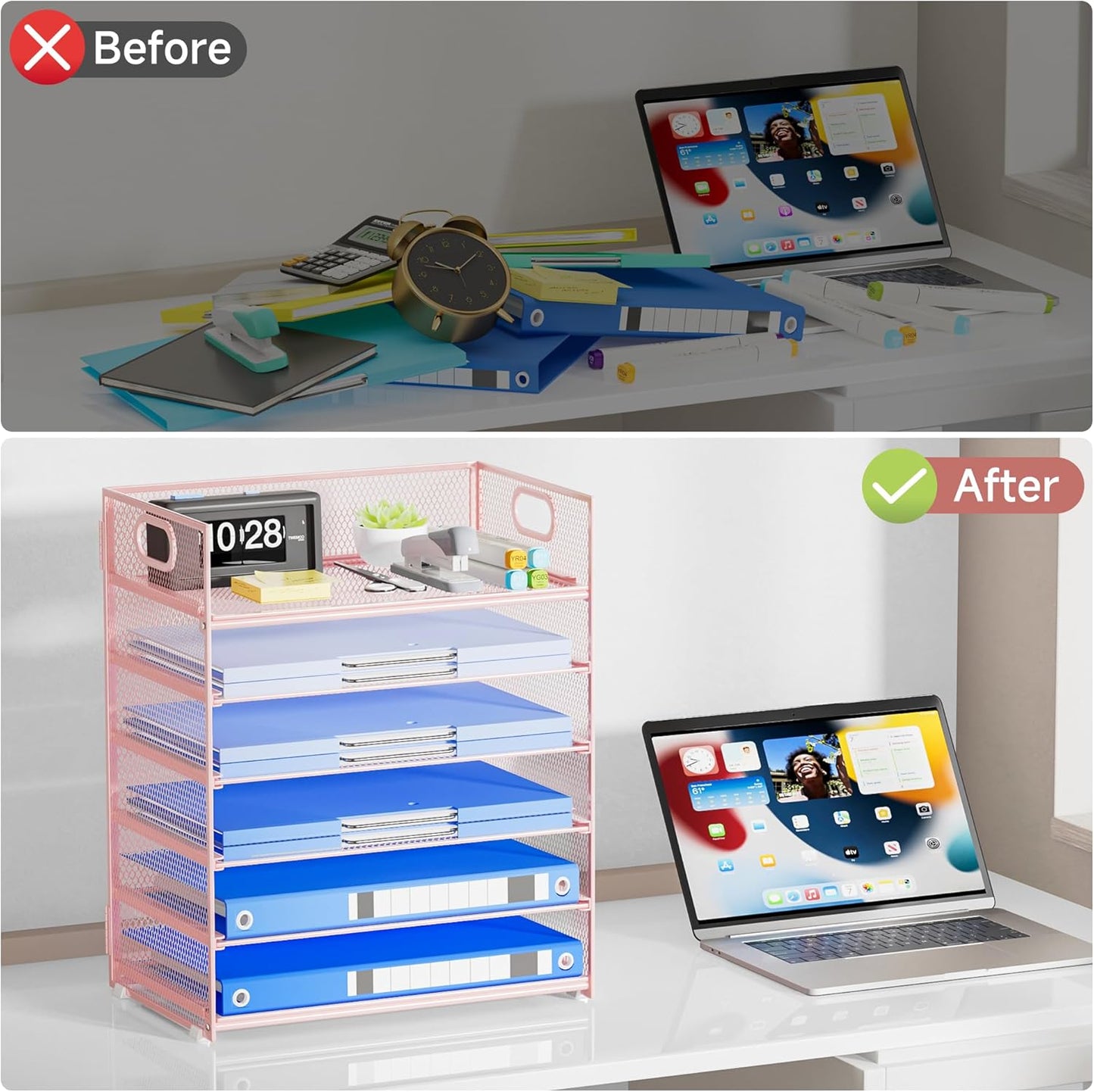 Paper Organizer Letter Tray with Handle, 5-Tier Black Stackable Desk Organizer with Metal Mesh, Sturdy Paper Tray for Office Desk, Home & Classroom Supplies Storage