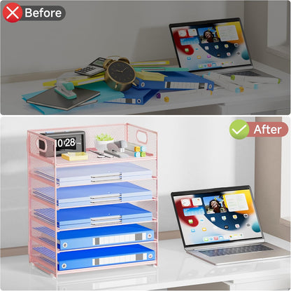Paper Organizer Letter Tray with Handle, 5-Tier Black Stackable Desk Organizer with Metal Mesh, Sturdy Paper Tray for Office Desk, Home & Classroom Supplies Storage