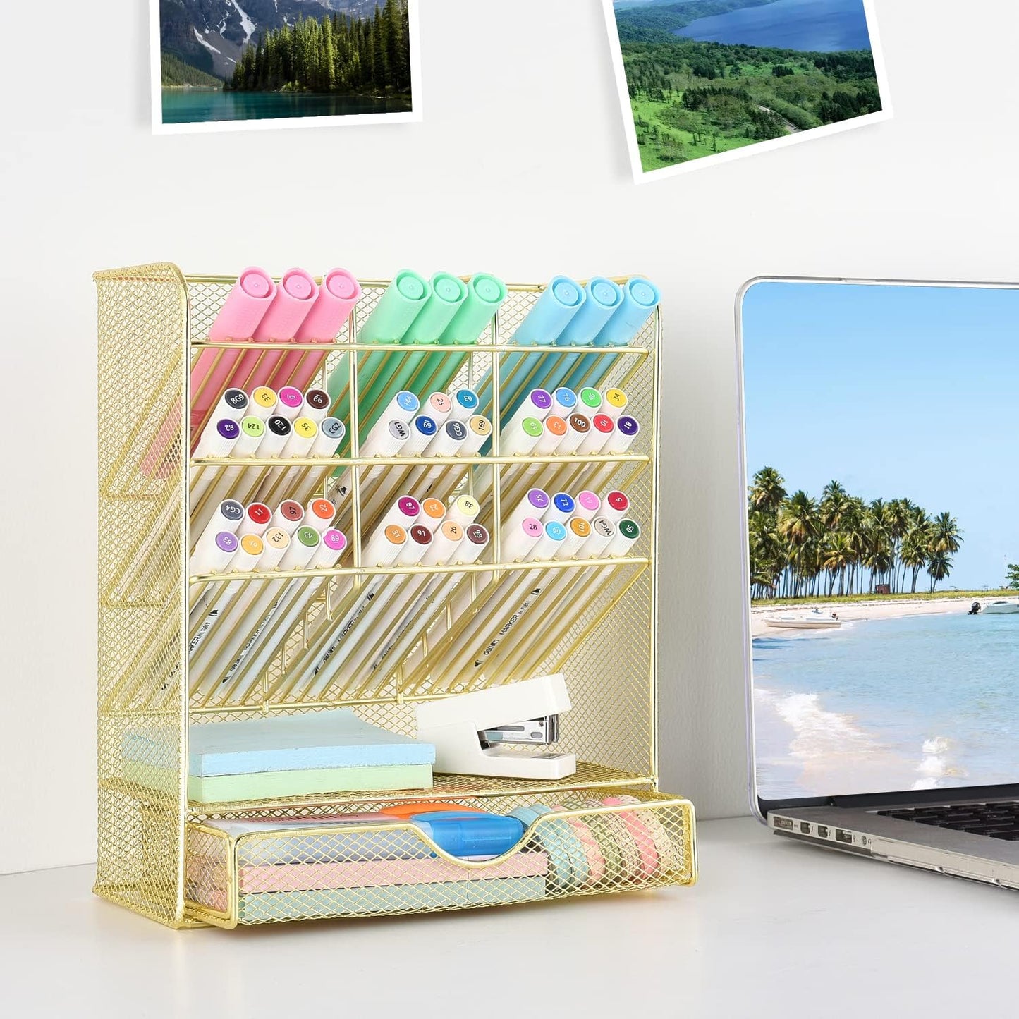 Spacrea Pen Holder Desk Organizer - Desk Organizers and Accessories, Pencil Holder with 10 Compartments and 1 Drawer（Rose Gold）