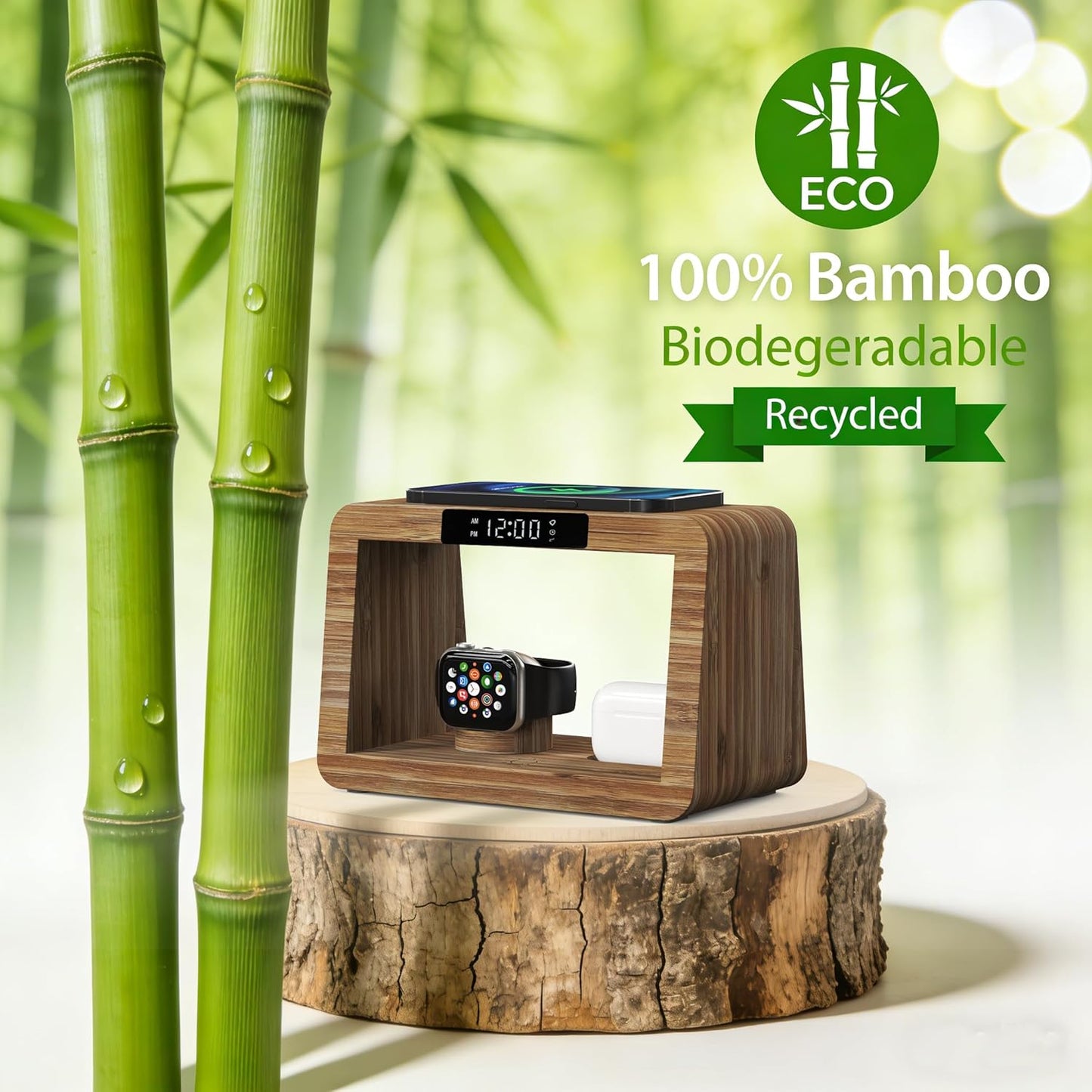 Bamboo Charging Station with Alarm Clock, 15W Fast Wireless Charger with Stepless Dimmable Night Light, 5 in 1 Wood Style Nightstand Organizer Compatible with iPhone/iWatch/AirPods