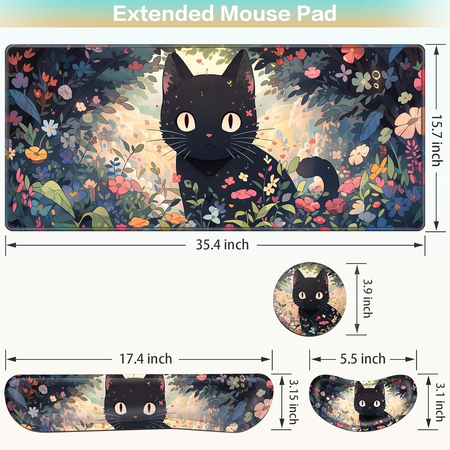 Desk Mat, Large Gaming Mouse Pad with Wrist Rest, 4in1 XXL Mousepad+Keyboard Wrist Rest+Mouse Pad Wrist Support+Cup Coaster Set Ergonomic Floral Computer Desk Arm Wrist for Decor Home Office Women
