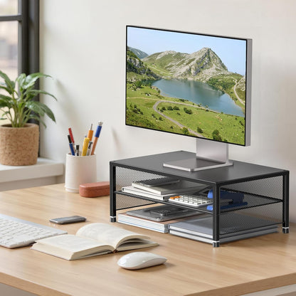 ECOLOVI 2-Tier Computer Monitor Stand Riser, Desk Organizer for Monitor, Printer & Laptop Stand, Desktop Workspace Organizers for Office Supplies(Black)