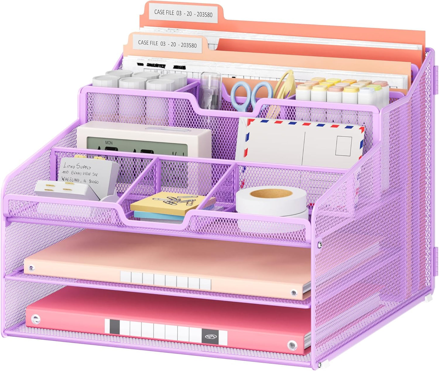 Lavatino Desk Organizer - Metal Mesh with 2 Paper Letter Trays, 7 Flexible Dividers, 2 Vertical File Holders for Office/Home/Classroom Supplies, Desk Organizers and Accessories, Black