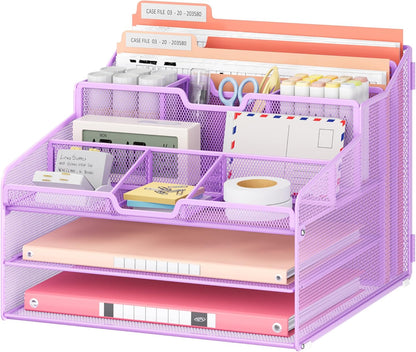 Lavatino Desk Organizer - Metal Mesh with 2 Paper Letter Trays, 7 Flexible Dividers, 2 Vertical File Holders for Office/Home/Classroom Supplies, Desk Organizers and Accessories, Black