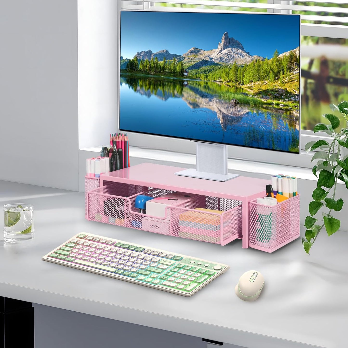 Qupui Computer Monitor Stand Riser with Drawer and Pen Holders, Desk Organizer Shelf and Accessories, Office Desk Accessories, Office Organization, Black