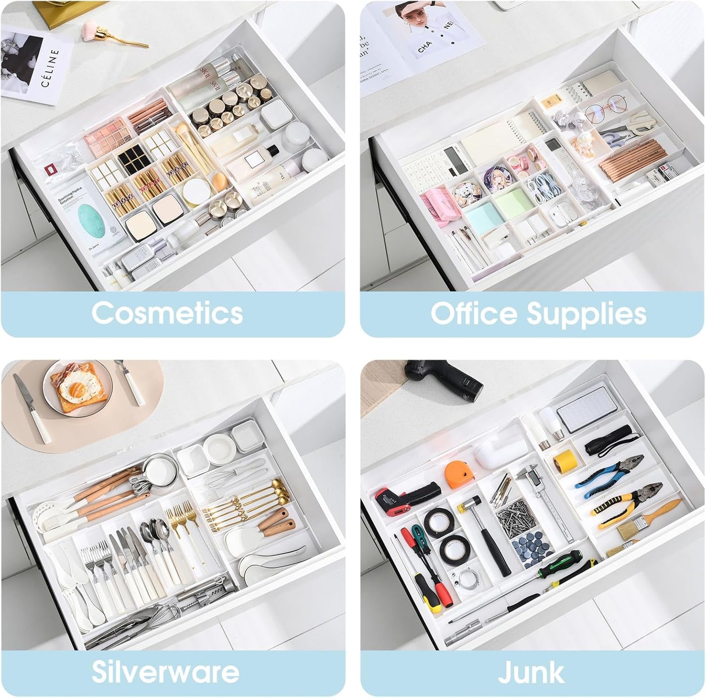 MIUOPUR Expandable Drawer Organizer, Width (10.6"-20.1") Depth (11"-20.1"), Clear Makeup Drawer Organizer with 6 Removable Dividers, Silverware Organizer, Great for kitchen and Bathroom Drawers