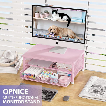 OPNICE Computer Monitor Stand Riser, Desk Organizer with Drawer, Printer & Laptop Stand, Office Desk Accessories & Workspace Desktop Organizers Storage for Office Supplies(Brown)