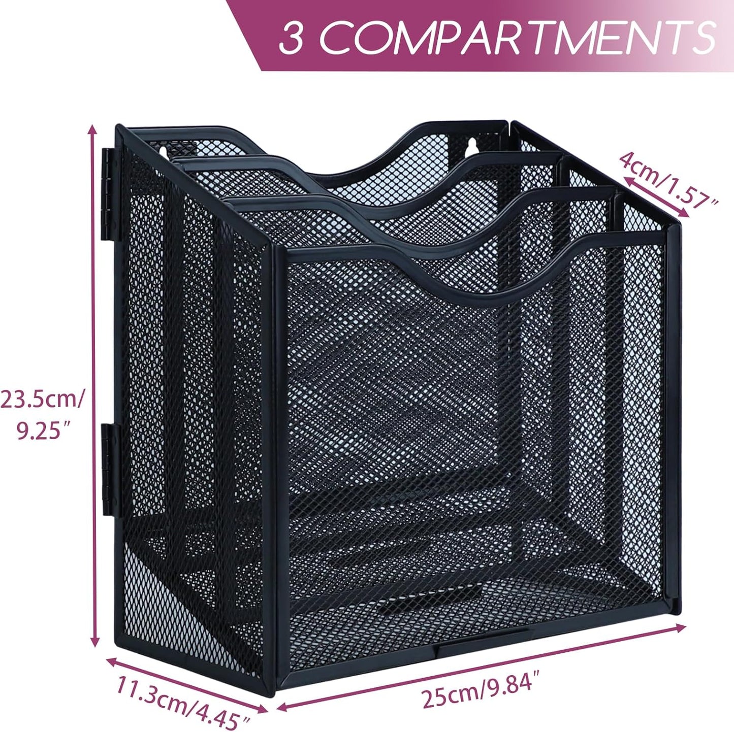 Desk File Organizer, Metal Mesh File Folder Holder Stand with 3 Vertical Compartments Rack, Wall File Organizer File Sorter for Office Supplies Desktop Organization, Black