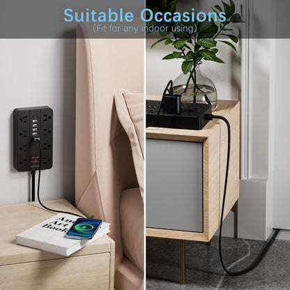 Power Strip with USB, Flat Plug Extension Cord Surge Protector 5 Ft, HUNIAN Power Strip with 8 Widely Spaced Outlets 6 USB Charger (1 USB C Port), Desk Charging Station for Home Office, White