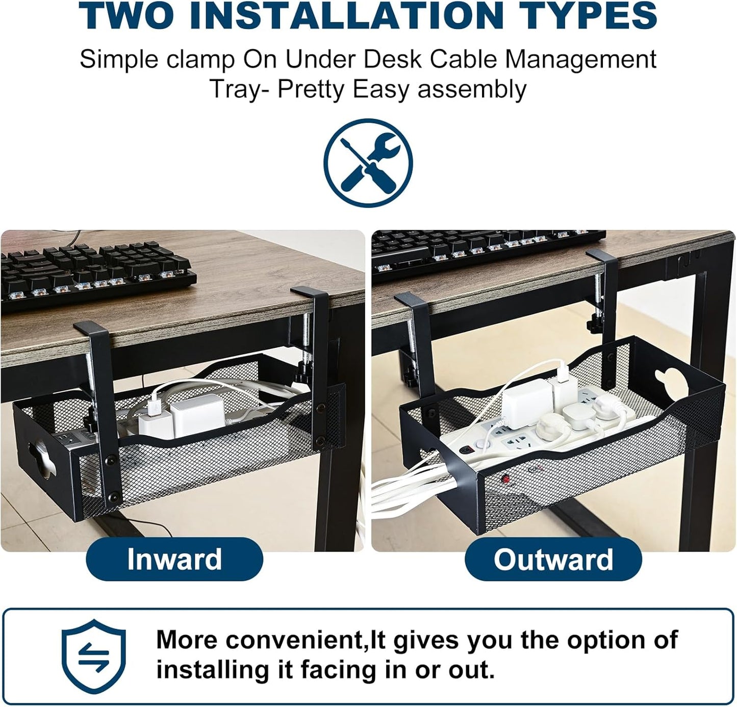 Extra Wide Under Desk Cable Management - No Drill Installation Cable Management Tray, Modern Cord Organizer for Office/Home Desk, Fits Power Strips & Wires((White, XL)