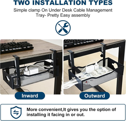 Extra Wide Under Desk Cable Management - No Drill Installation Cable Management Tray, Modern Cord Organizer for Office/Home Desk, Fits Power Strips & Wires((White, XL)
