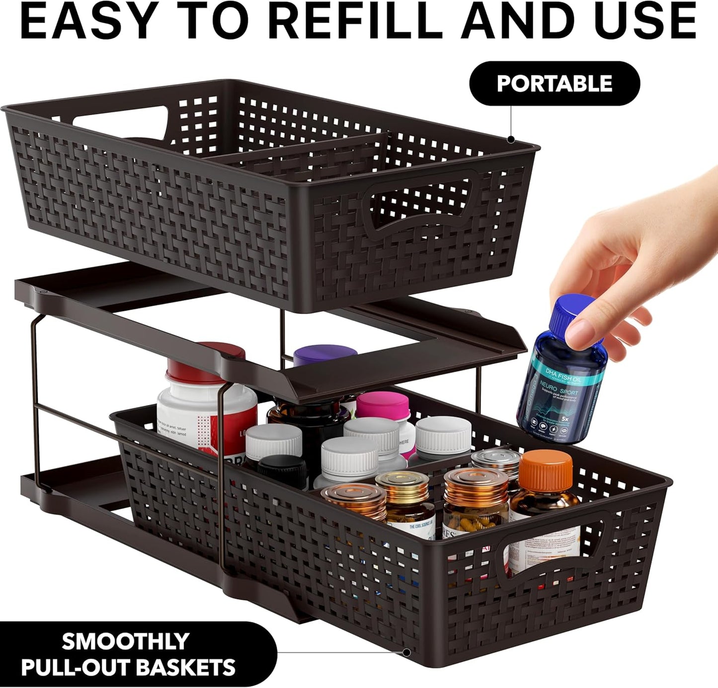 Simple Houseware 2 Tier Bathroom Organizer Tray Pull-Out Sliding Drawer, Under Sink Storage, Black