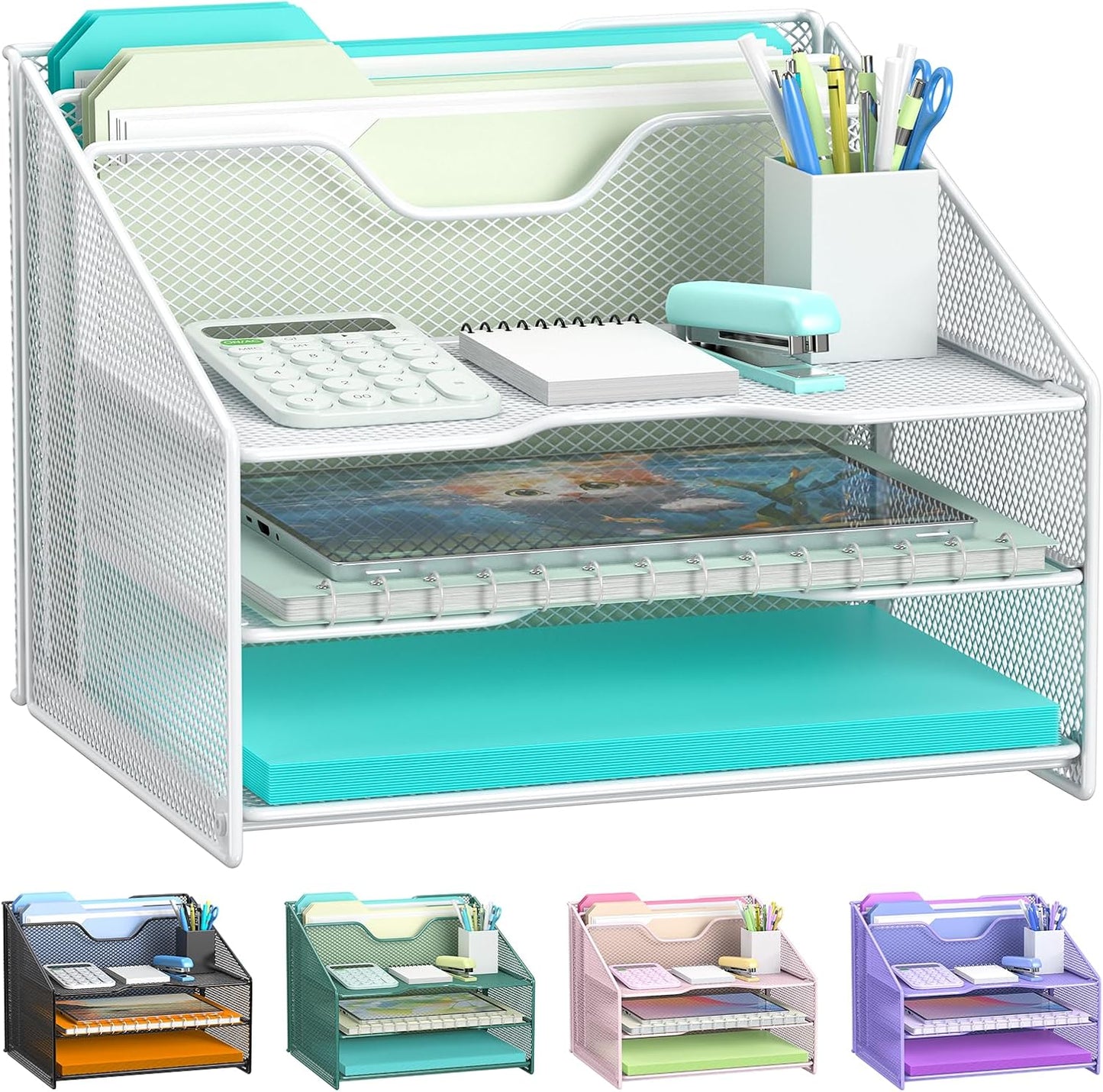 Samstar Desk File Organizer, Mesh Letter File Folder Holder with 3 Paper Trays and 2 Vertical Upright Section, for Office Supplies,Desk Accessories & Workspace,Black.