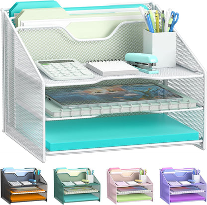 Samstar Desk File Organizer, Mesh Letter File Folder Holder with 3 Paper Trays and 2 Vertical Upright Section, for Office Supplies,Desk Accessories & Workspace,Black.