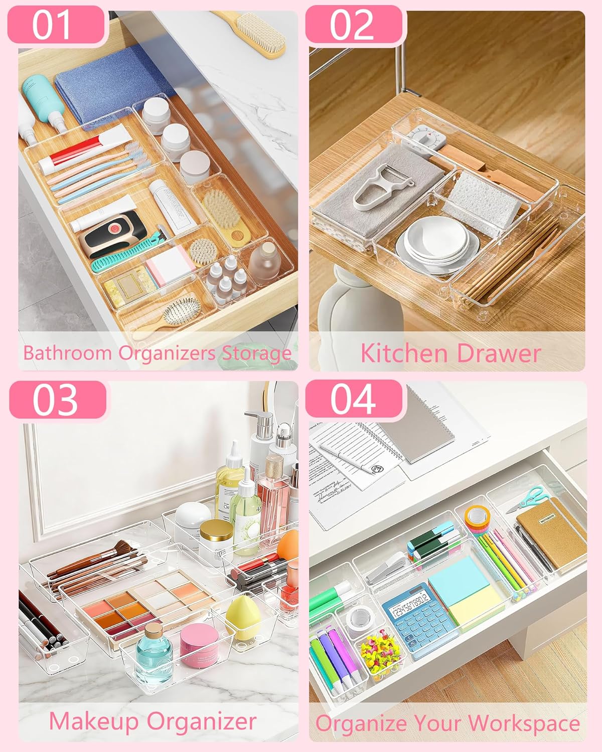 Clear Drawer Organizers Set of 13, 5-Size Vanity Organizer Trays, Stackable Bathroom & Desk Drawer Organizer for Makeup, Jewelry, Kitchen Utensils, Office Supplies and Small Gadgets Storage