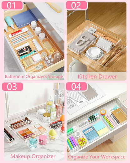 Clear Drawer Organizers Set of 13, 5-Size Vanity Organizer Trays, Stackable Bathroom & Desk Drawer Organizer for Makeup, Jewelry, Kitchen Utensils, Office Supplies and Small Gadgets Storage
