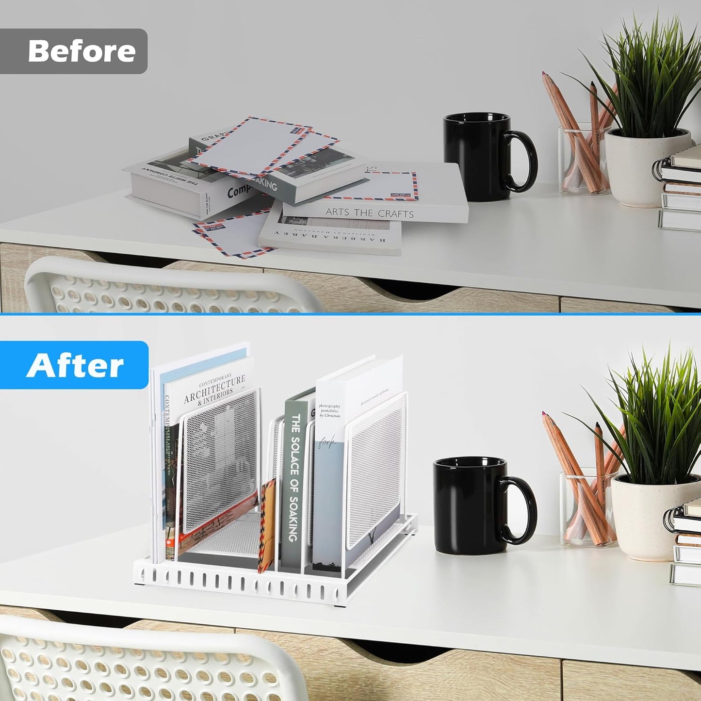 EASEPRES 5 Section Vertical Metal Mesh Desk File Organizer, Spacing Adjustable Upright Desktop Paper Mail Document Magazine Sorter Folder Holder for Workspace Office School Home, Black
