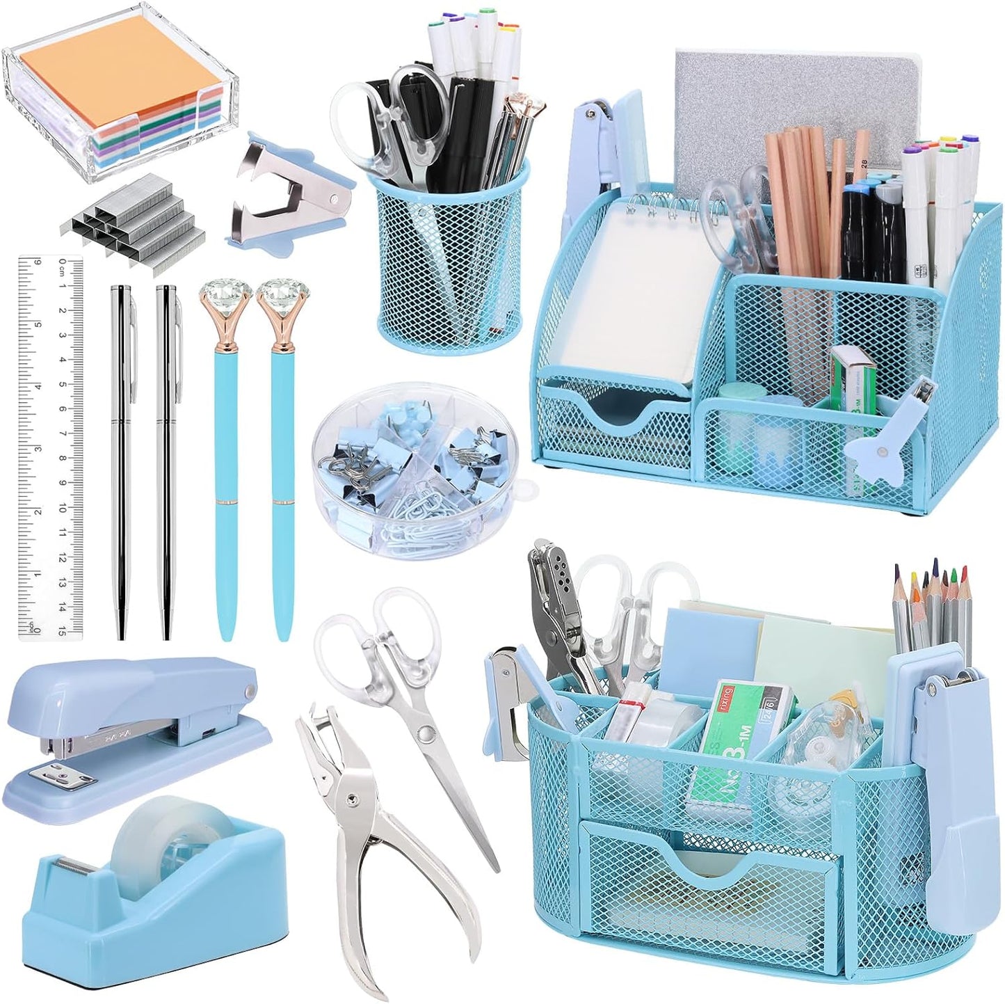 17 in1 Silvery Desk Organizers and Accessories Set, 3 Office Desk Supplies Storage Organization, 4 Pens, Stapler, Staples & Remover, Tape & Dispenser, Scissors, Ruler, Clips, Hole Punch Back to School
