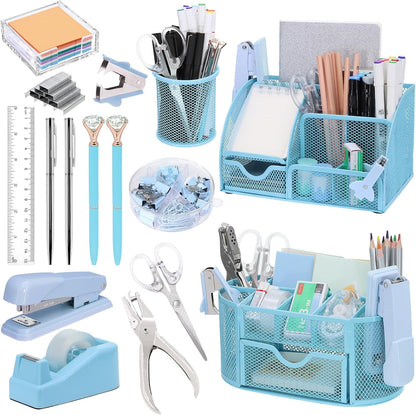 17 in1 Silvery Desk Organizers and Accessories Set, 3 Office Desk Supplies Storage Organization, 4 Pens, Stapler, Staples & Remover, Tape & Dispenser, Scissors, Ruler, Clips, Hole Punch Back to School