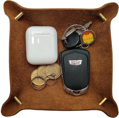 Leather Valet Tray Entryway Catchcall Tray Nightstand Organizer Storage for Wallets Watches Keys Holder Dish Bowl Coins Office Desk Accessory (Antique Brown-Oil Wax Leather).