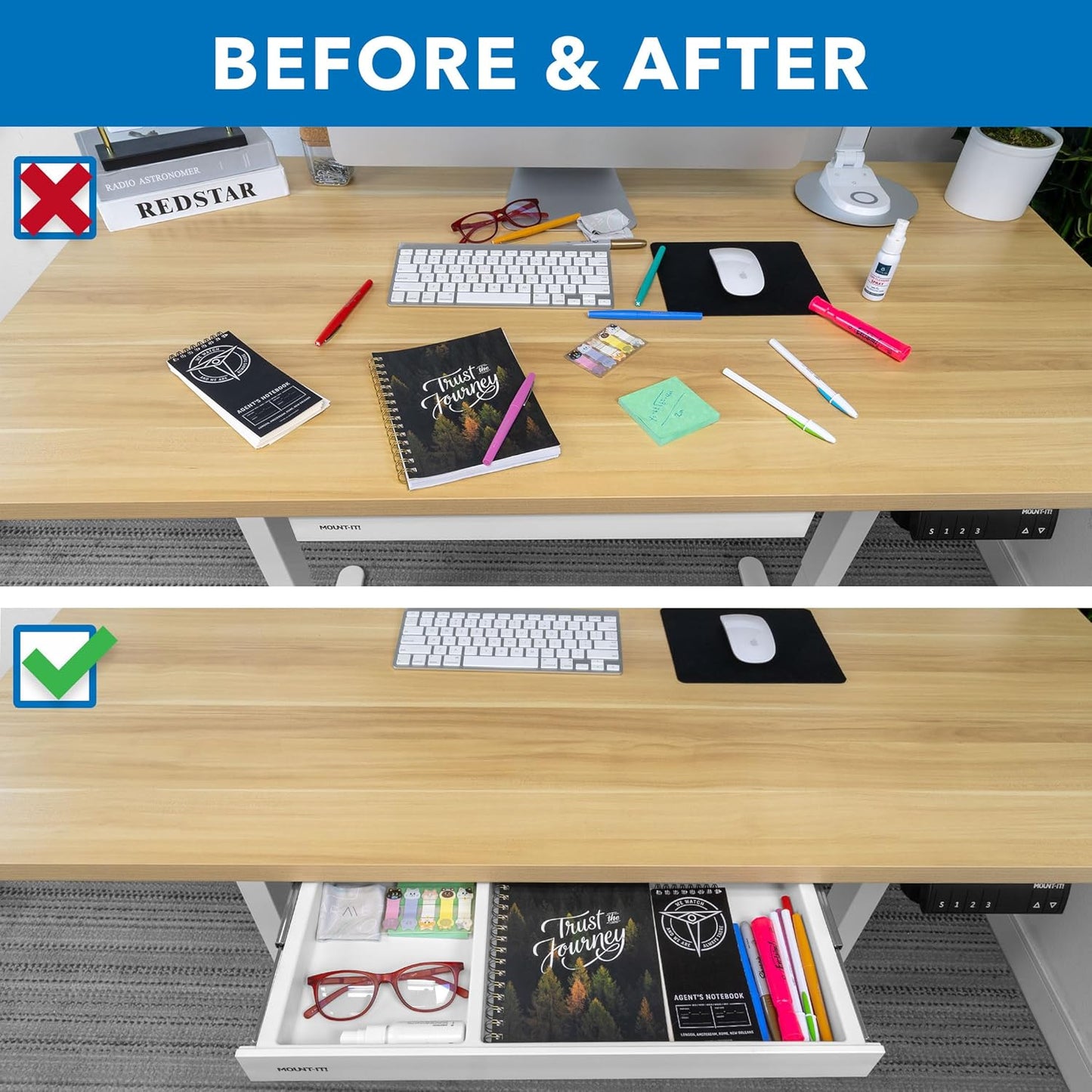 Mount-It! Under Desk Drawer Organizer with 2 Compartments, Shallow Low-Profile Slide-Out Desk Tray, 20.7″ x 8.9″ x 1.8″, Pull-Out Pencil Drawer for Traditional & Standing Desks - Black