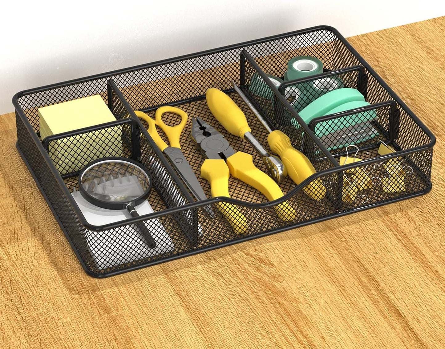 VyGrow Desk Drawer Organizer Tray, Metal Mesh Drawer Organizers Office, 6 Adjustable Compartment, Desk Organizer Tray for Home Office 12.87L x 8.73D x 1.96H inch, Black, 1PC Medium