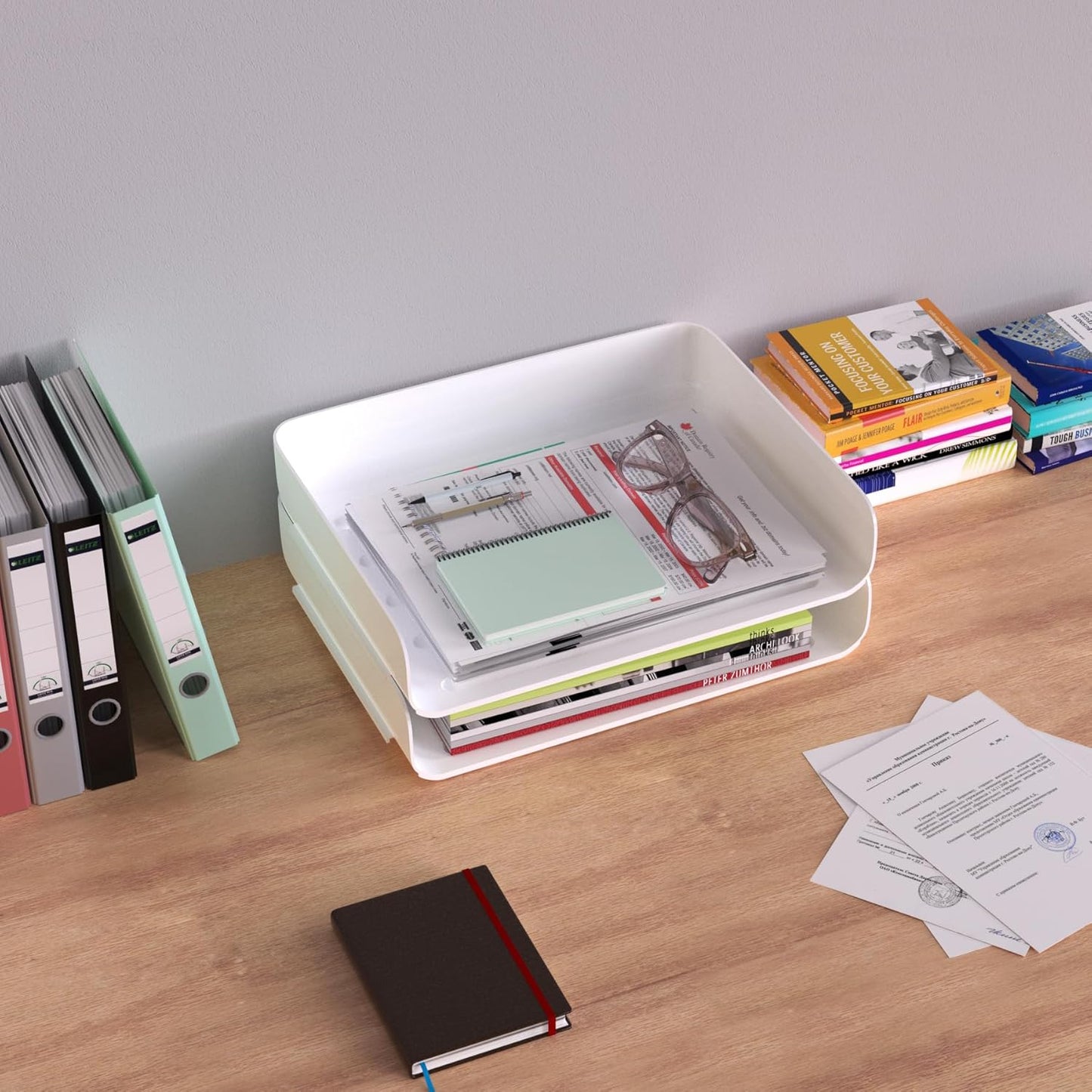 Tomorotec Desk Letter Tray Set, A4 Size Clear PET Stackable Document Organizer Office Desktop File Paper Holder Book Storage Rack Side Load Anti-Skid Stacking Support Convex Bottom (2X Landscape)