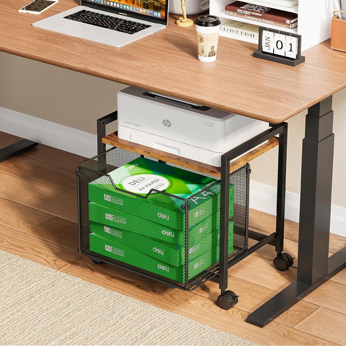 JKsmart Under Desk Storage, Printer Stand with Drawer, Rolling File Cabinet with Adjustable Table Top, 2 Tier Industrial Shelf on Fixed Feet Wheels, Sofa Side Table Organizer for Home, Office, Black