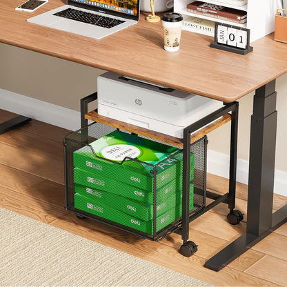 JKsmart Under Desk Storage, Printer Stand with Drawer, Rolling File Cabinet with Adjustable Table Top, 2 Tier Industrial Shelf on Fixed Feet Wheels, Sofa Side Table Organizer for Home, Office, Black