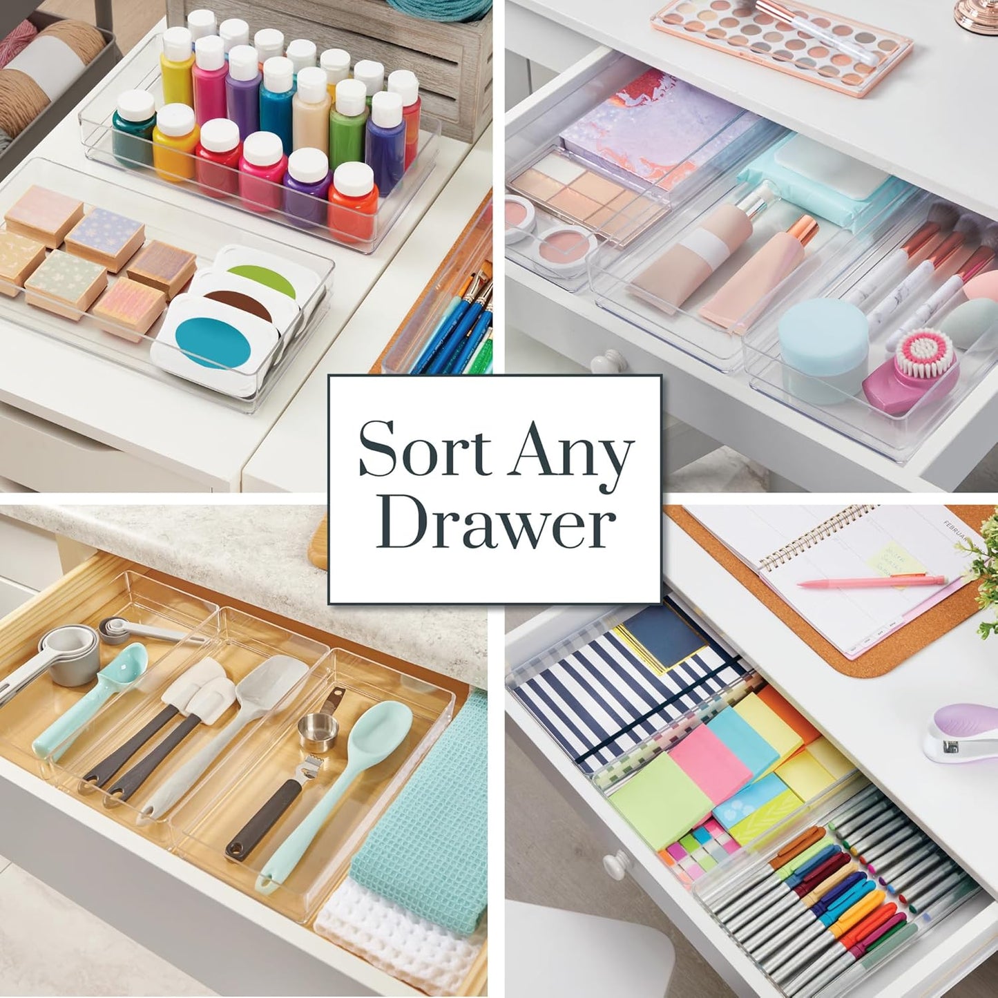 STORi SimpleSort 3-Piece Stackable Clear Drawer Organizer Set | 9" x 6" x 2" Rectangle Trays | Wide Makeup Vanity Storage Bins and Office Desk Drawer Dividers | Made in USA