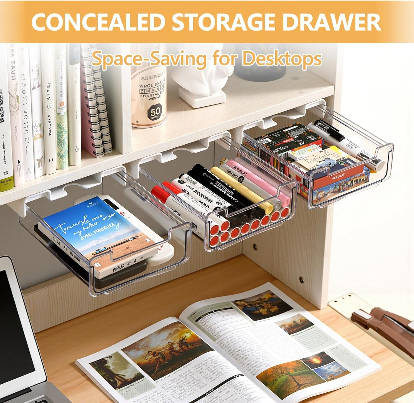 Under Desk Storage Drawers Self-Adhesive Easy Hidden Desktop Organizer, Attachable Clear Acrylic Storage Tray Under Table Drawer for Home Office School Counters Workstation, 2 Pack