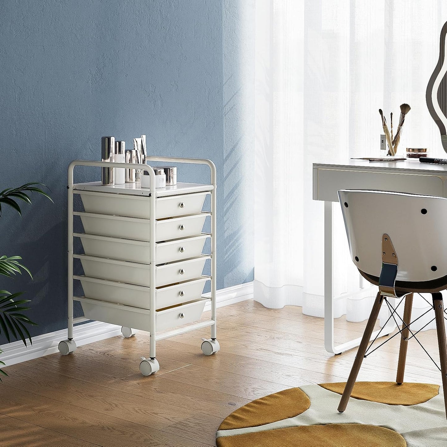 4-Tier Utility Cart with 4 Drawers, Rolling Utility Cart with 2 Lockable Caster Wheels, Multipurpose Mobile Rolling Drawer Cart for Office Bathroom Kitchen, Ivory White