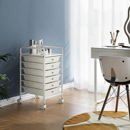 4-Tier Utility Cart with 4 Drawers, Rolling Utility Cart with 2 Lockable Caster Wheels, Multipurpose Mobile Rolling Drawer Cart for Office Bathroom Kitchen, Ivory White