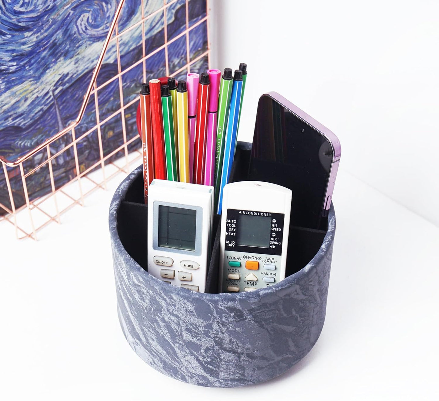 Hennaja Round Leather Art Supply Organizer,Remote Control Holder,360 Degree Rotating,Multi-Functional Pencil Holder,4 Compartments Desktop Stationary Organizer(1-Blue Bird) - Colors C