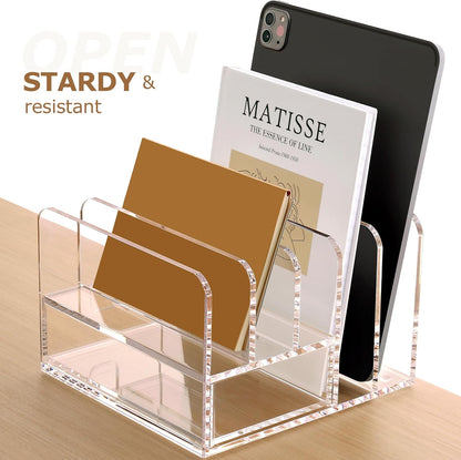 SANRUI Acrylic Mail Sorter Desktop Organizer Holder, 2 Compartments Clear Small File Script Letter Office Document Storage for Desk Bill Filling Envelope Holder Office, Home, School Desk Organization